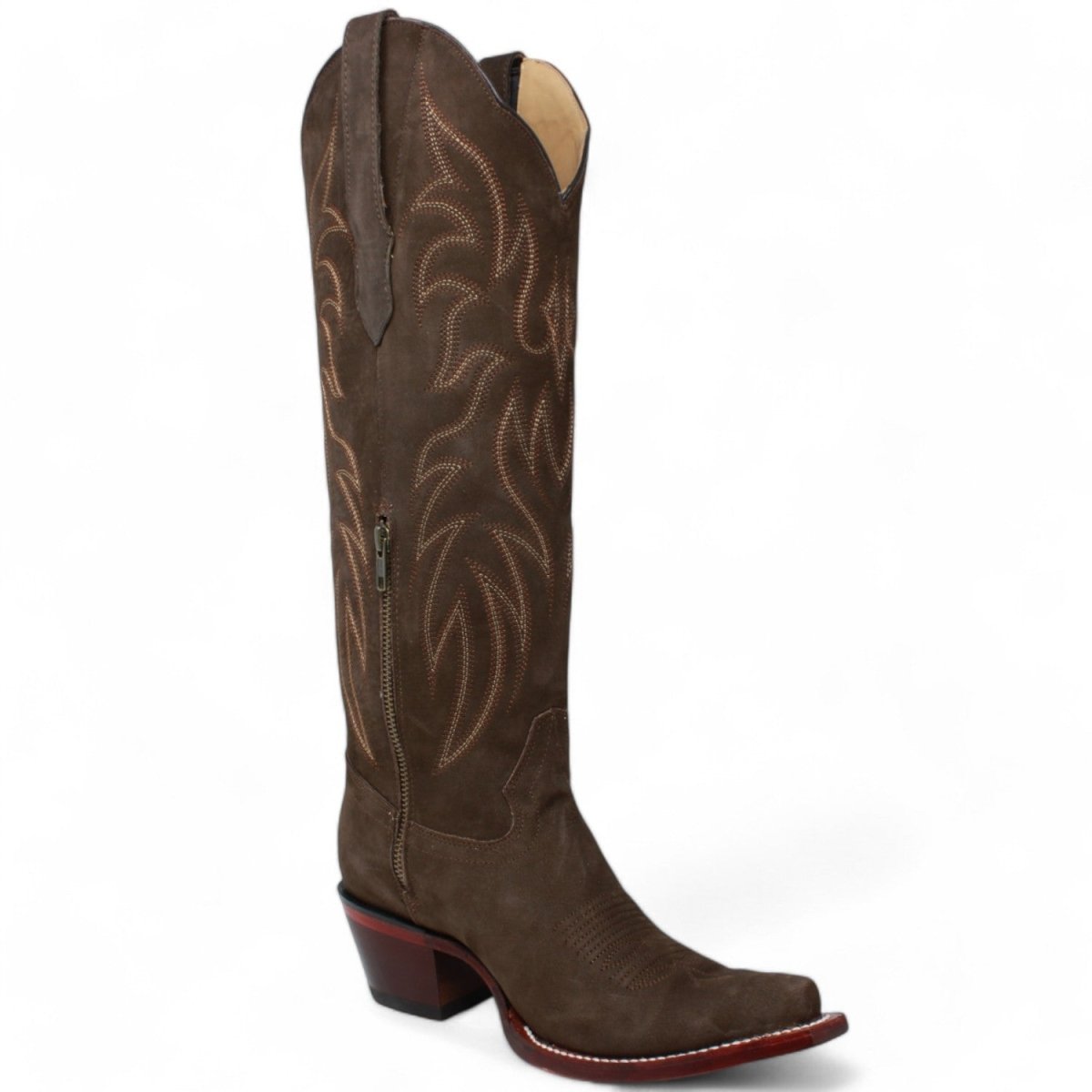 Women's Wild West Snip Toe Suede Leather Boots with Zipper - Chocolate - 5