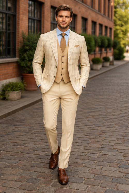 Modern Fit - Wool Suit - Italian Made Business Suit by Statement Men's 3 Piece 100% Wool Modern Fit Suit - Accented Scoop Vest