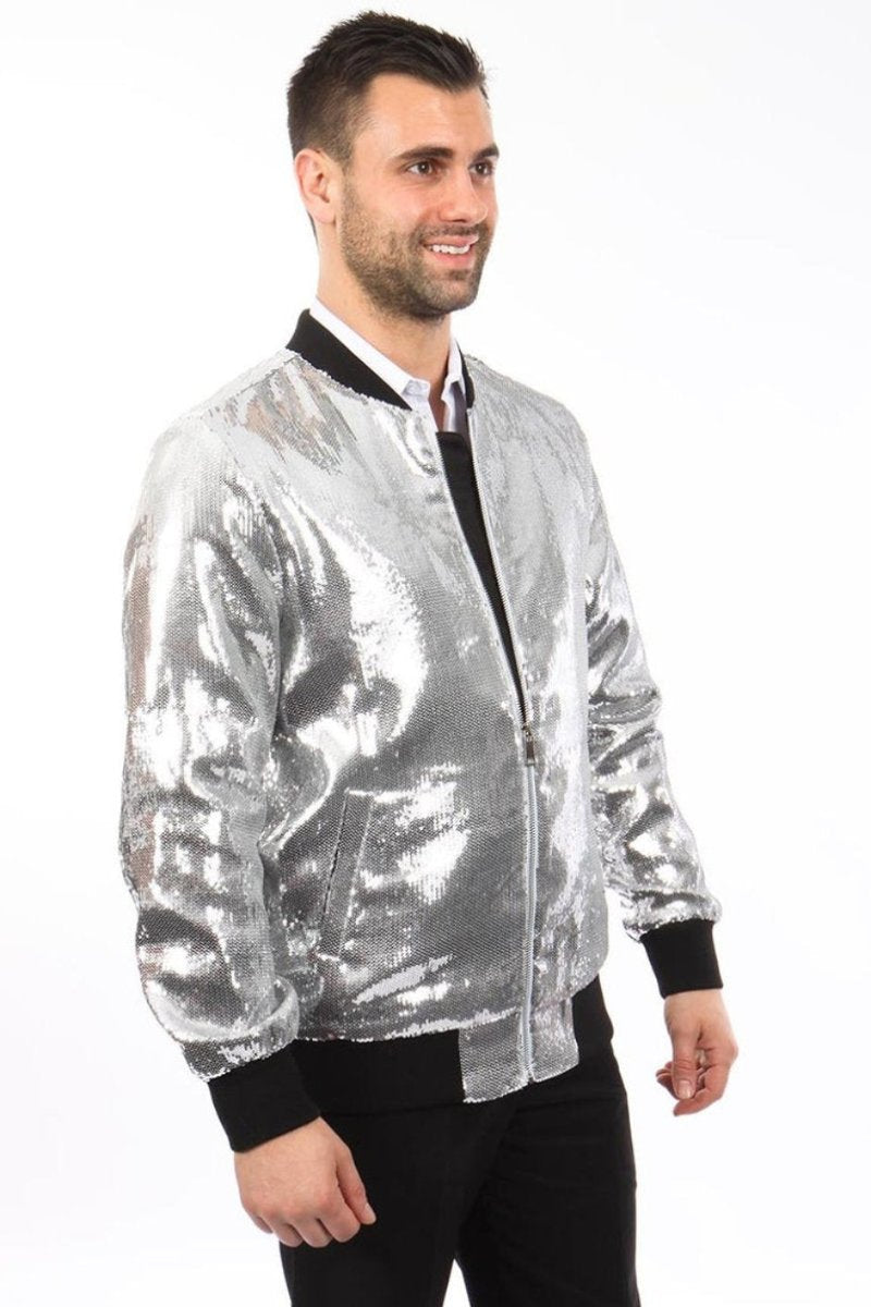 "Sequin Bomber Jacket for Men - Shiny Silver Fashion Statement" - Large