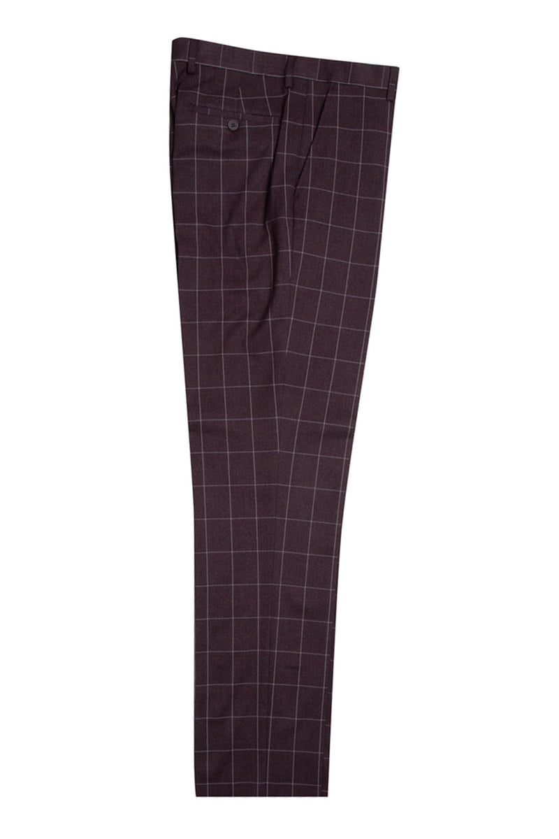 "Mens Stacy Adams Suit - Stacy Adams Suit Men's Burgundy Windowpane Plaid Vested Suit" - 34 Short