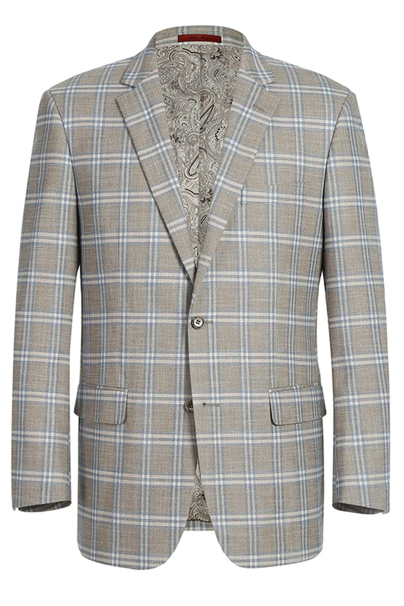 "Classic Fit Two Button Men's Sport Coat Blazer - Grey Tan Windowpane Plaid"