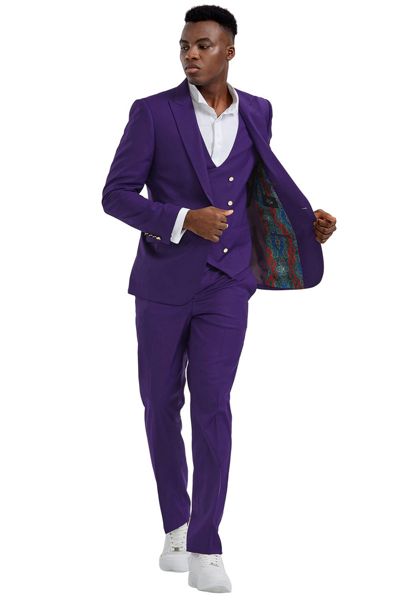 "Men's Purple Vested Suit with Gold Buttons - One Button Peak Lapel"