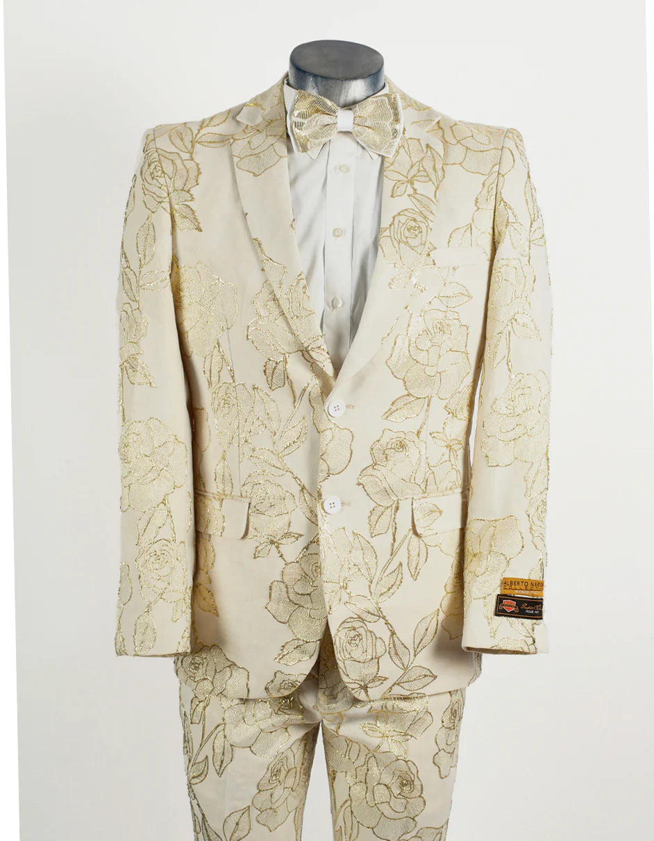 "Mens 2 Button Ivory & Gold Foil Floral Paisley Prom & Wedding Tuxedo Suit"