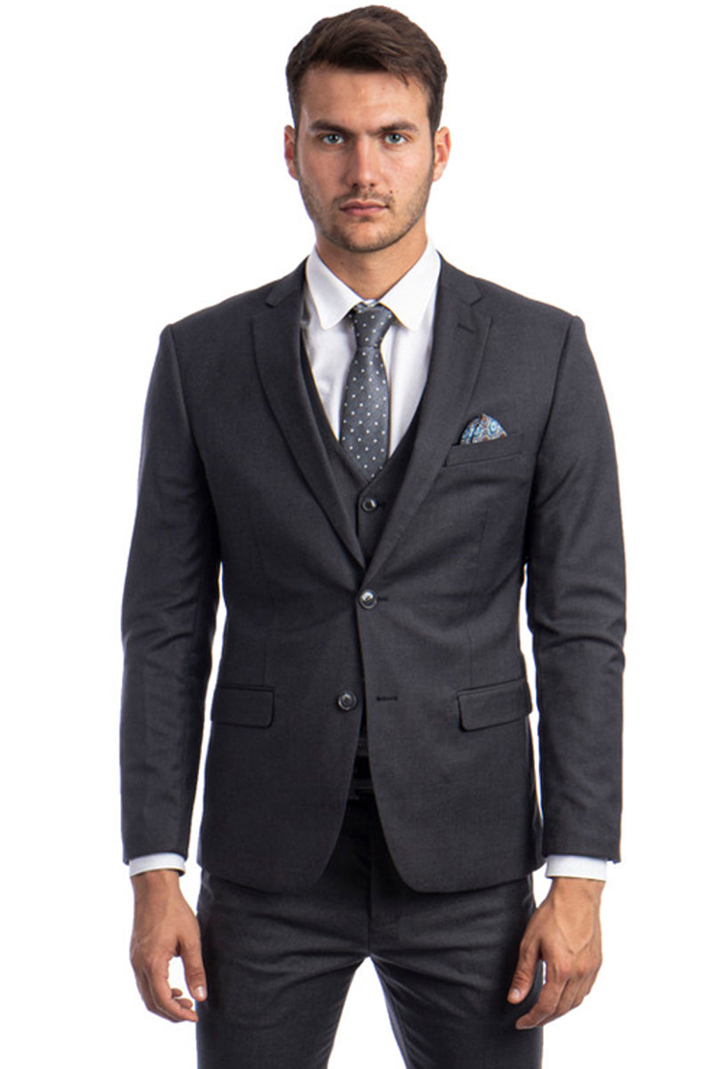 "Charcoal Grey Slim Fit Men's Suit - Two Button Vested Solid Basic"
