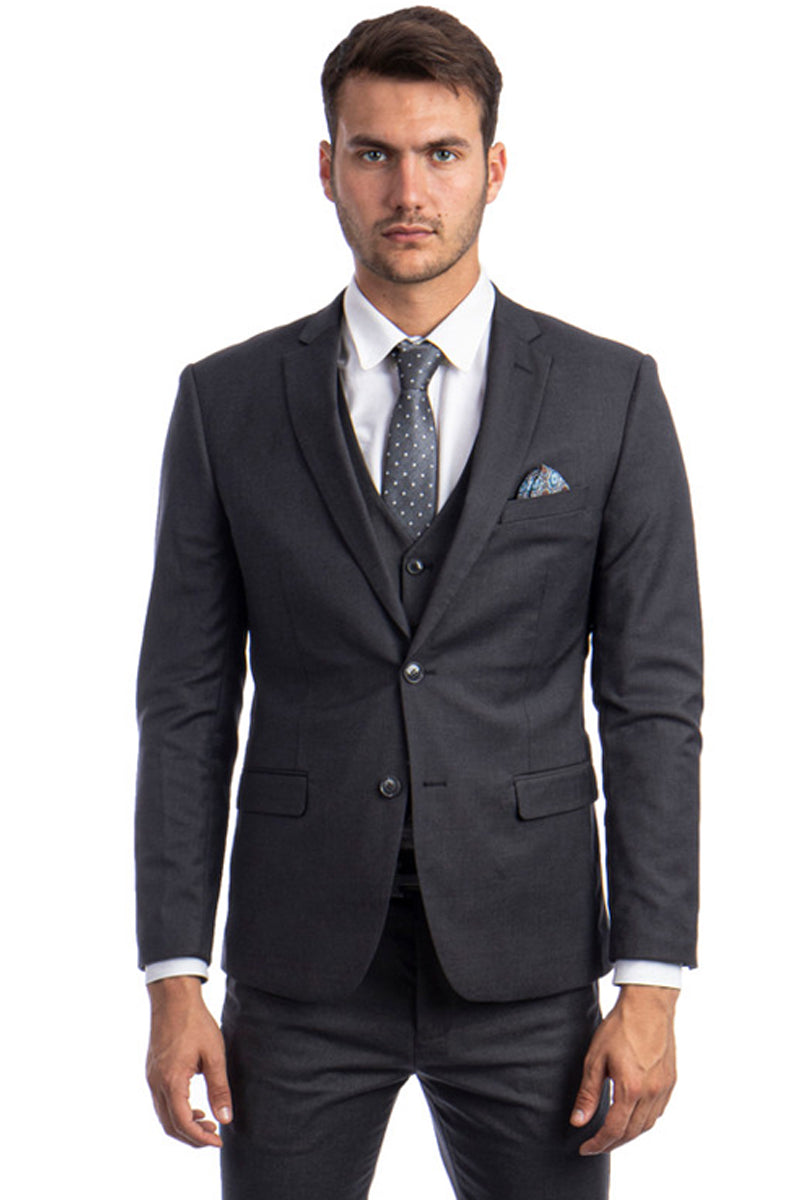 "Charcoal Grey Slim Fit Men's Suit - Two Button Vested Solid Basic" - 34 Short