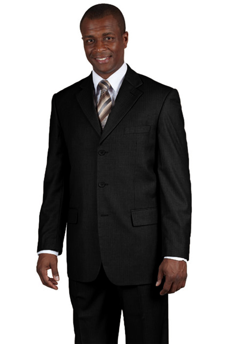 "Black Business Suit for Men - 100% Wool, 3 Button Classic Style"
