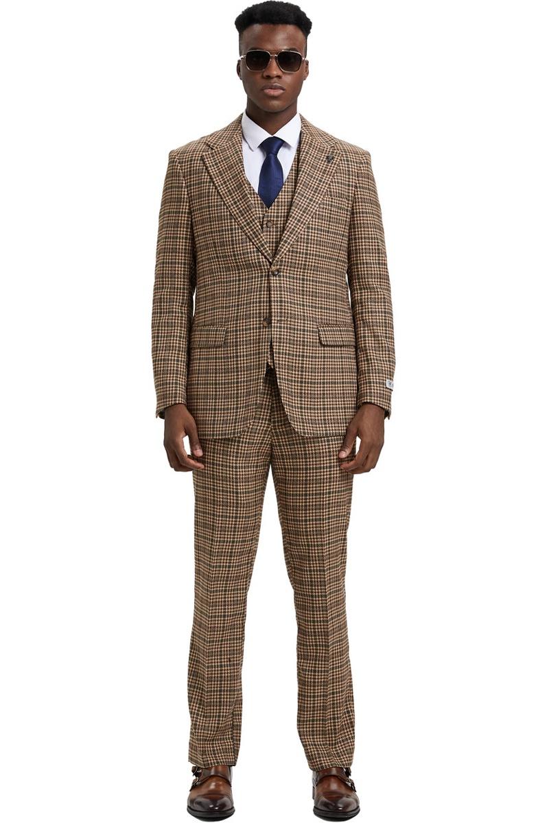 Men's Stacy Adams Vested Modern Fit Houndstooth Glen Plaid Suit in Camel & Green - 38 Regular