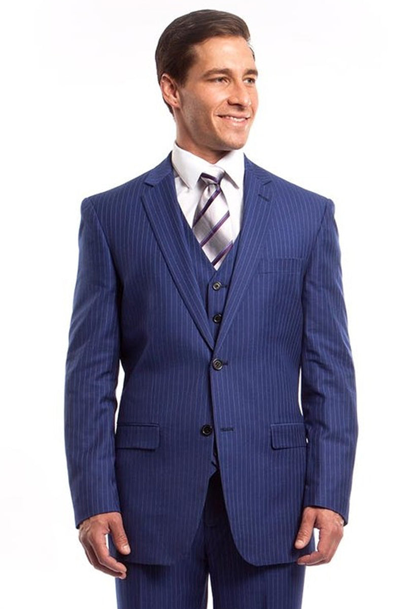 "French Blue Pinstripe Men's Business Suit - Two Button Vested Style"