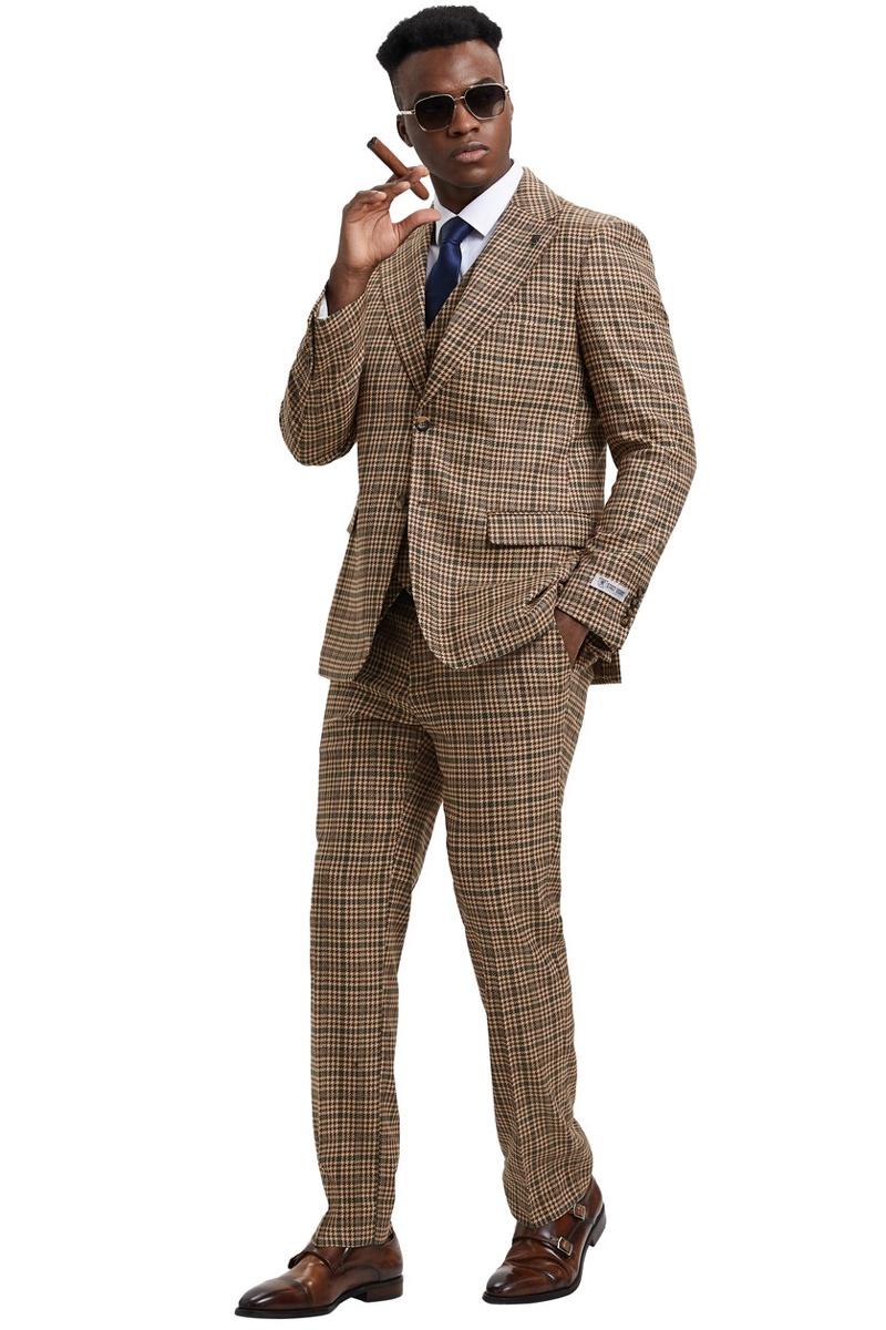 Men's Stacy Adams Vested Modern Fit Houndstooth Glen Plaid Suit in Camel & Green - 38 Regular
