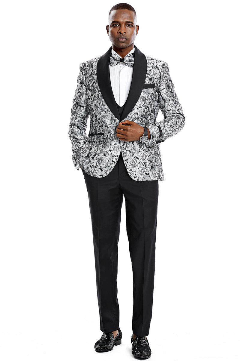 "Silver Men's Slim Fit Paisley Floral Prom 2025 Tuxedo - One Button Vested" - 34 Short