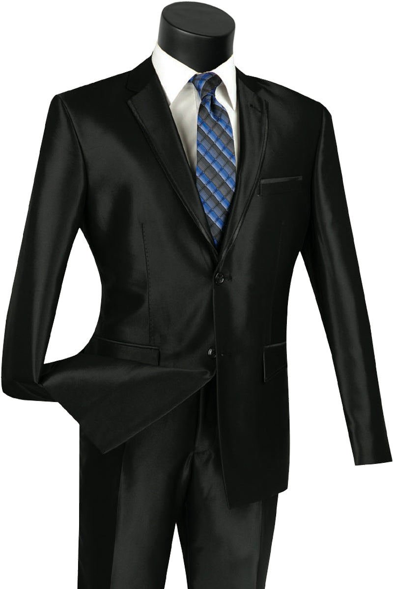 Mens Slim Fit Shiny Sharkskin Suit with Trim in Black - 36 Short