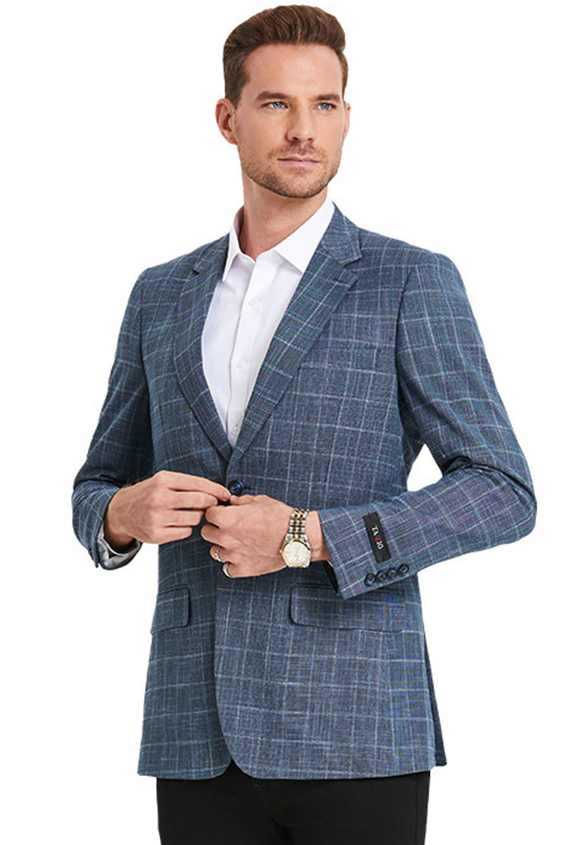 "Denim Blue Men's Slim Fit Windowpane Plaid Business Casual Sport Coat"