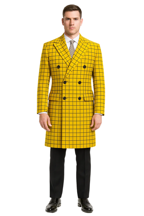 Mens Plaid Overcoat - Wool Peacoat - Plaid Topcoats Yellow
