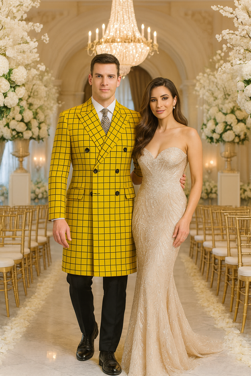Mens Plaid Overcoat - Wool Peacoat - Plaid Topcoats Yellow