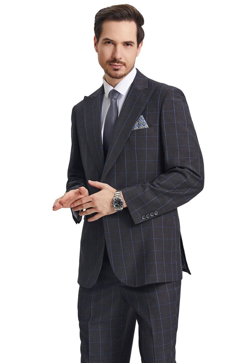 Men's Stacy Adams Peak Lapel Charcoal Grey Windowpane Plaid Suit with a Scoop Neck Vest - 38 Regular