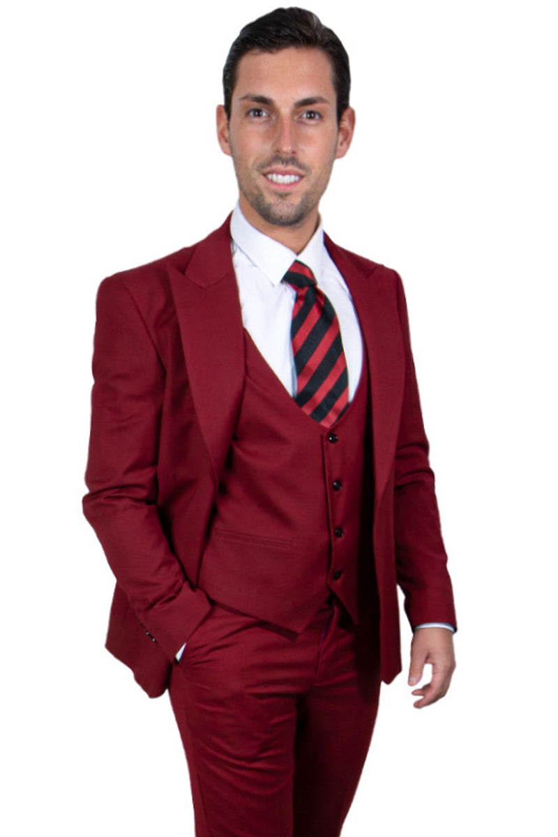 "Stacy Adams Men's Vested Suit - Cherry Red with One Button Peak Lapel"