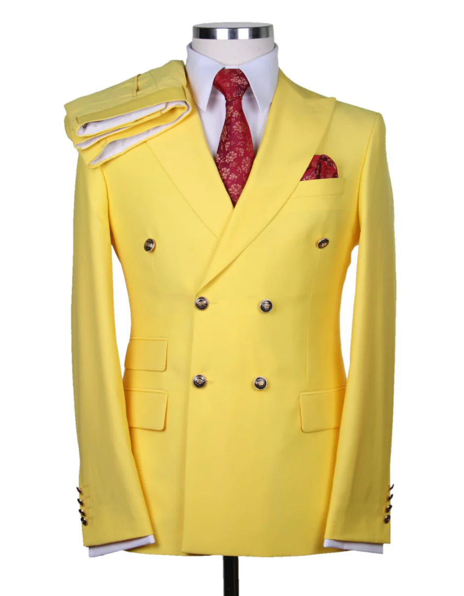 Mens Double breasted Suit - "Yellow" 1920s 1980s Style Peak Lapel Suits -  Back Side Vented  Mens Designer Modern Fit Double Breasted Wool Suit with Gold Buttons in Yellow