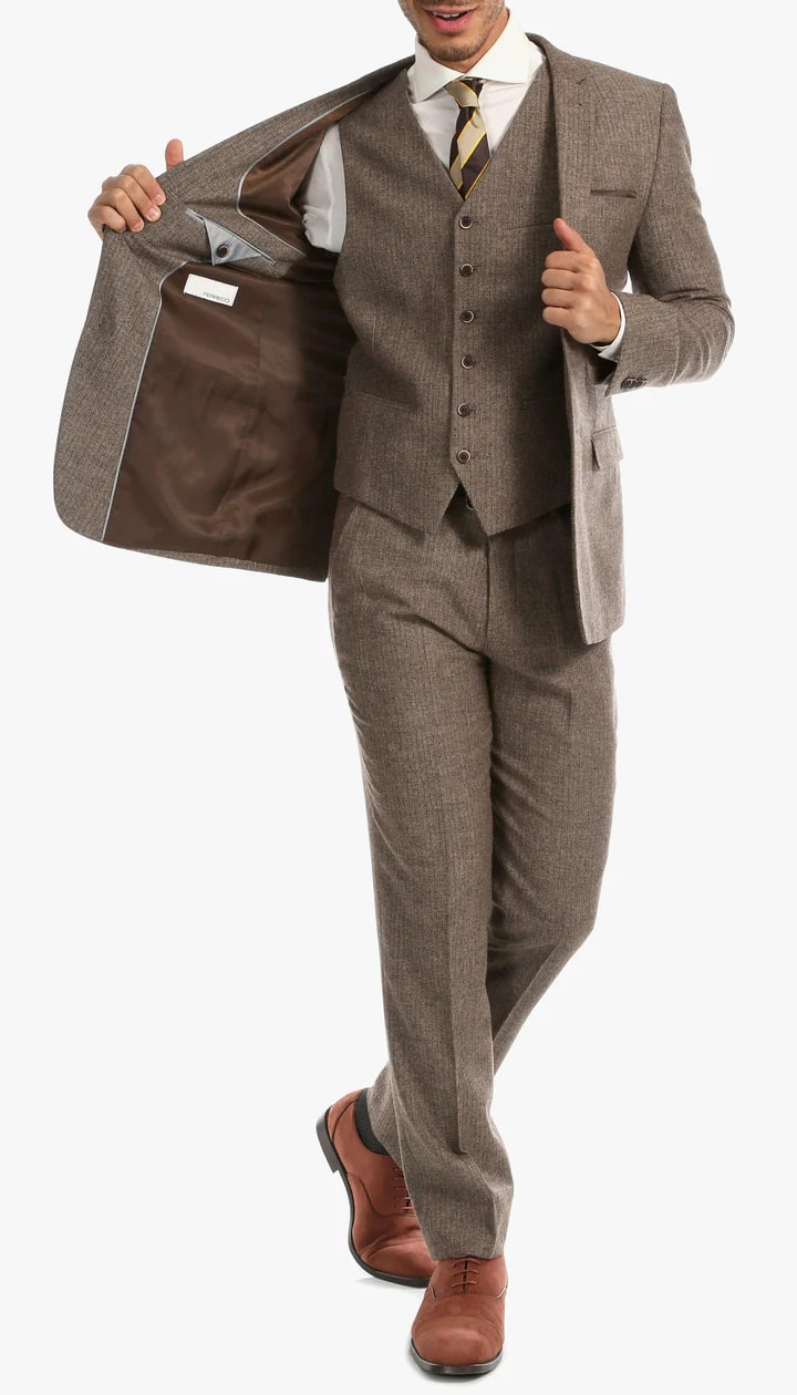 1920's Men's Clothing - Tweed Suit - Herringbone 1920s Mens Suit - Vintage Brown Suit - 38 Short Jacket+32 Waist Adjustable 28to34)(Height: 5 4 to5 7 )(Neck 15-16.5)S-M)