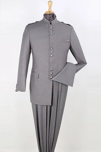 Apollo King "Mens Light Grey Classic Military Mandarin Safari Suit - Banded Collar"