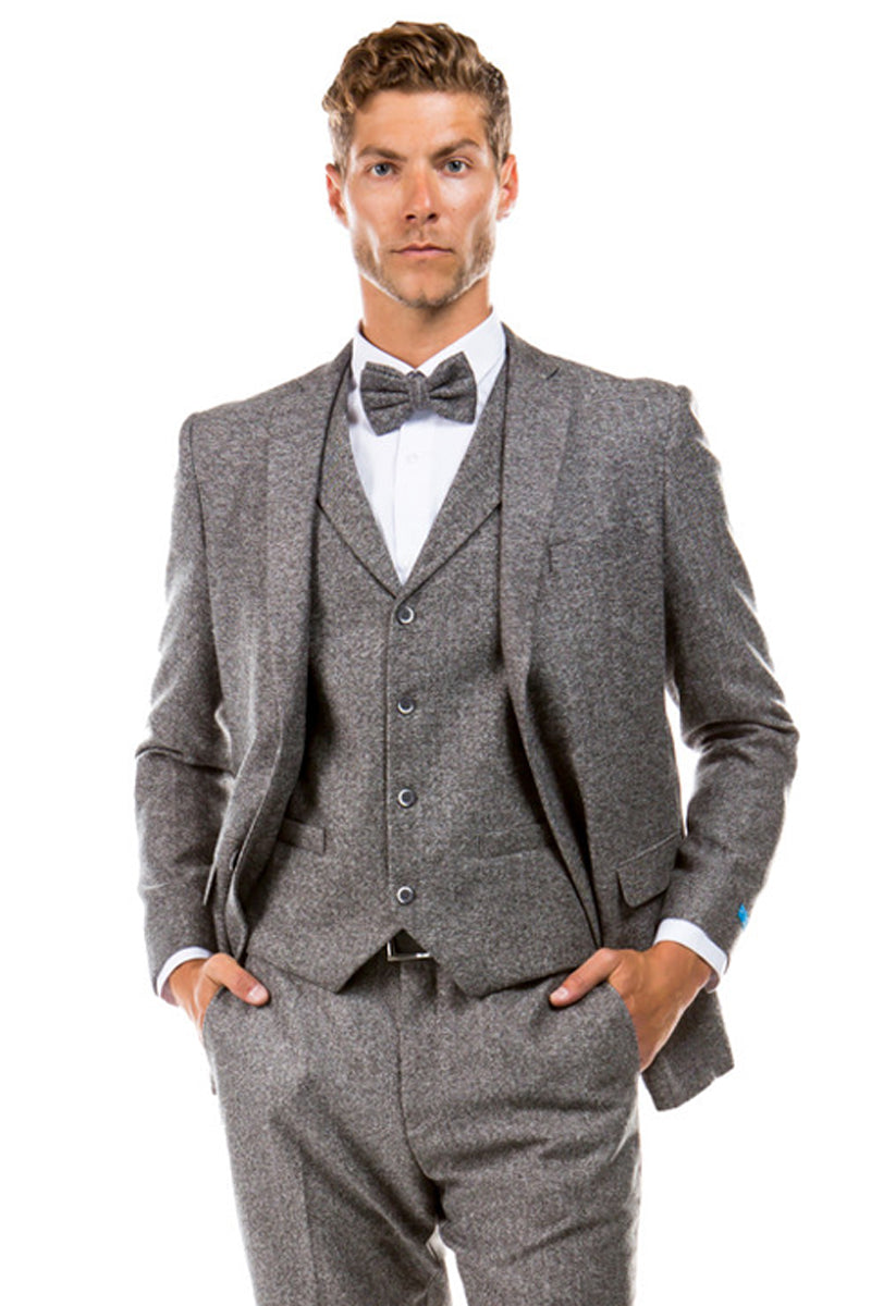 "Vintage Style Grey Tweed Wedding Suit - Men's Two Button Vested" - 34 Short