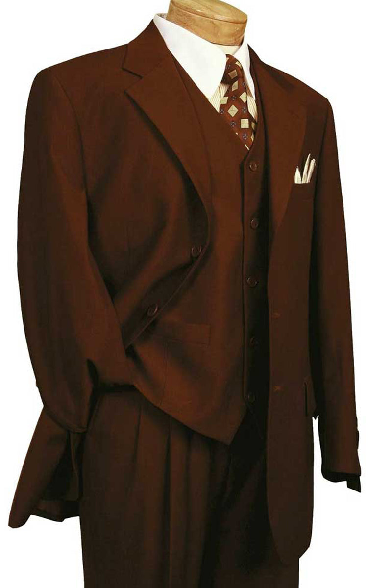 Mens 3 Button Vested Basic Wool Feel Suit in Brown - 40 Short