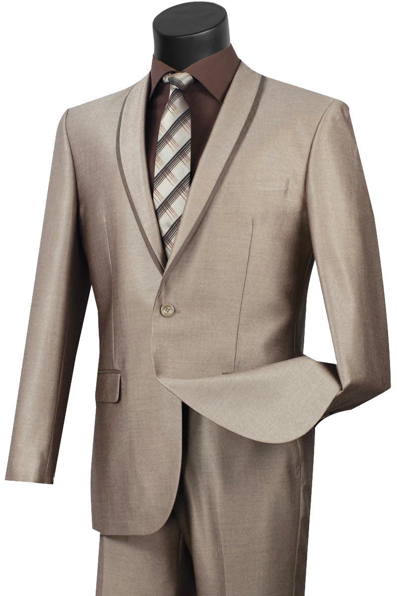 Mens One Button Shawl Tuxedo Suit With Trim in Beige - 36 Short
