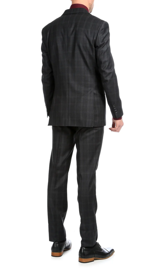 Yves Black Plaid Check Men'S Premium 2PC Premium Wool Slim Fit Suit