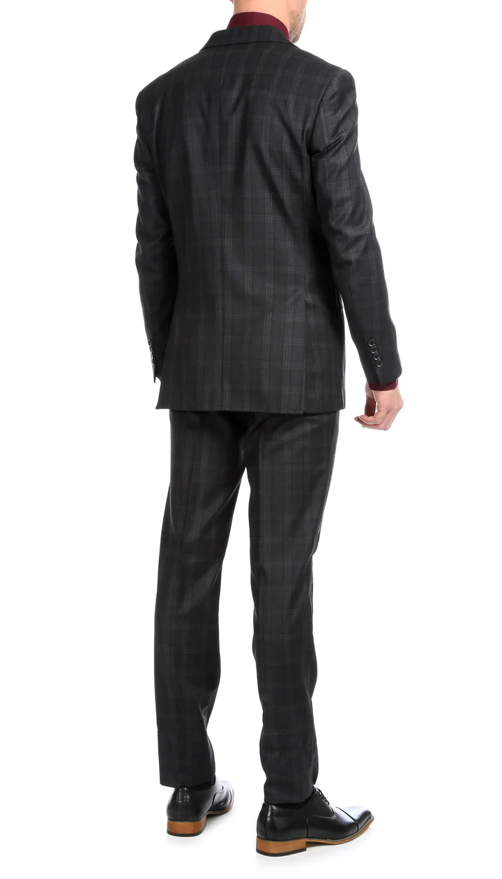 Yves Black Plaid Check Men'S Premium 2PC Premium Wool Slim Fit Suit - 38 Short Jacket+32 Waist Adjustable 28to34)(Height: 5 4 to5 7 )(Neck 15-16.5)S-M)