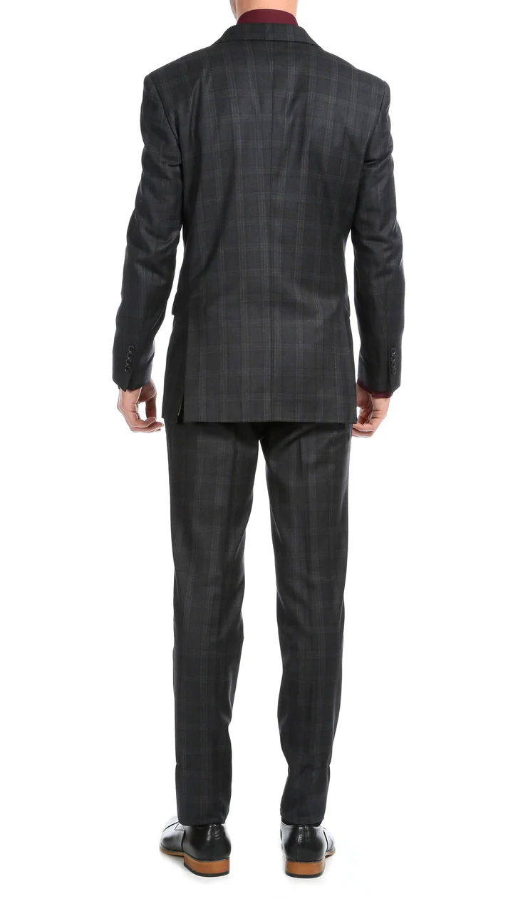 Yves Black Plaid Check Men'S Premium 2PC Premium Wool Slim Fit Suit - 38 Short Jacket+32 Waist Adjustable 28to34)(Height: 5 4 to5 7 )(Neck 15-16.5)S-M)