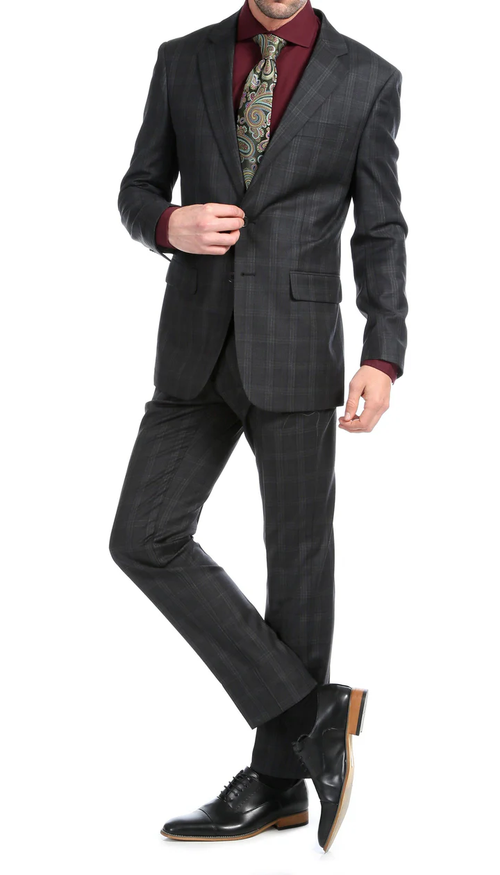 Yves Black Plaid Check Men'S Premium 2PC Premium Wool Slim Fit Suit