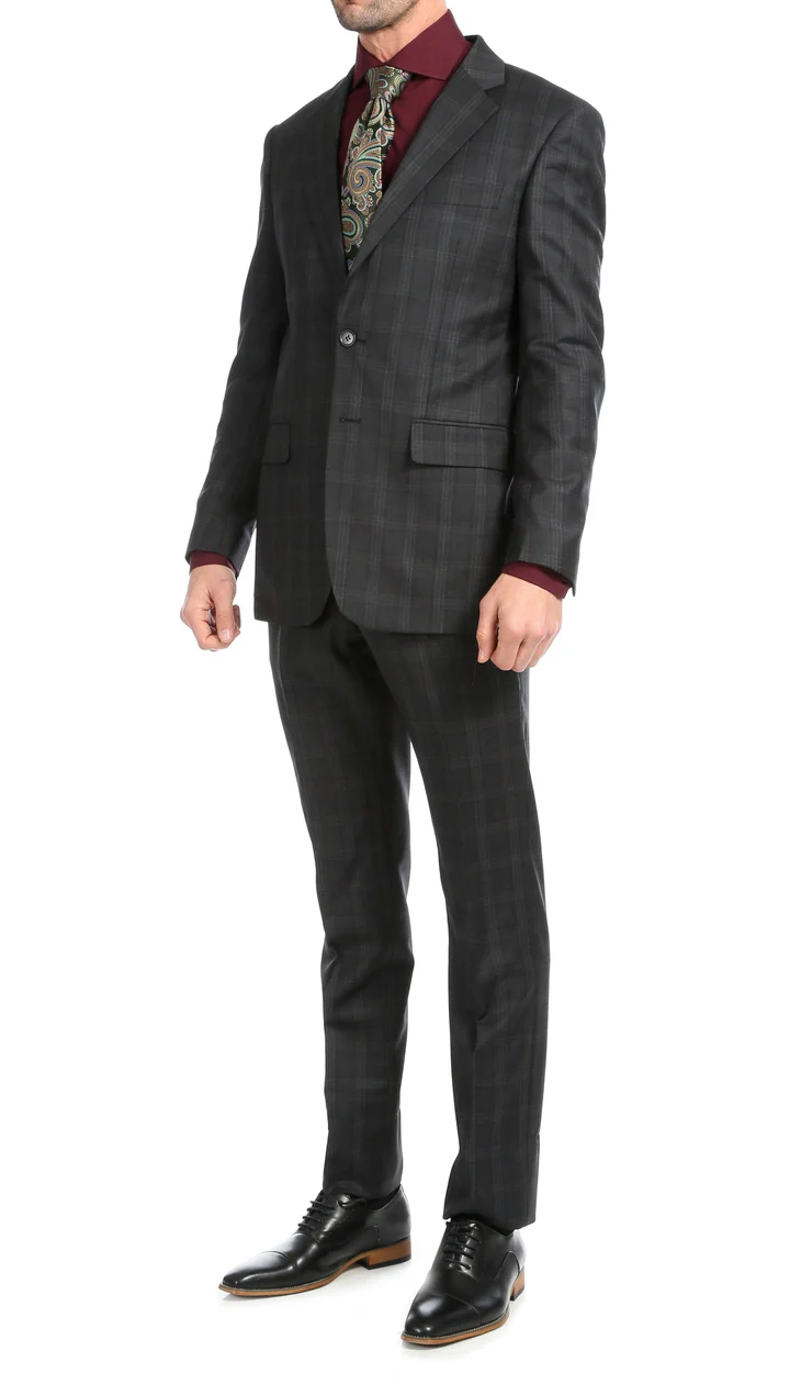 Yves Black Plaid Check Men'S Premium 2PC Premium Wool Slim Fit Suit - 38 Short Jacket+32 Waist Adjustable 28to34)(Height: 5 4 to5 7 )(Neck 15-16.5)S-M)