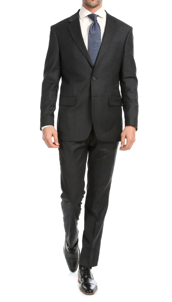 Yves Grey Plaid Check Men'S Premium 2PC Premium Wool Slim Fit Suit - 38 Short Jacket+32 Waist Adjustable 28to34)(Height: 5 4 to5 7 )(Neck 15-16.5)S-M)