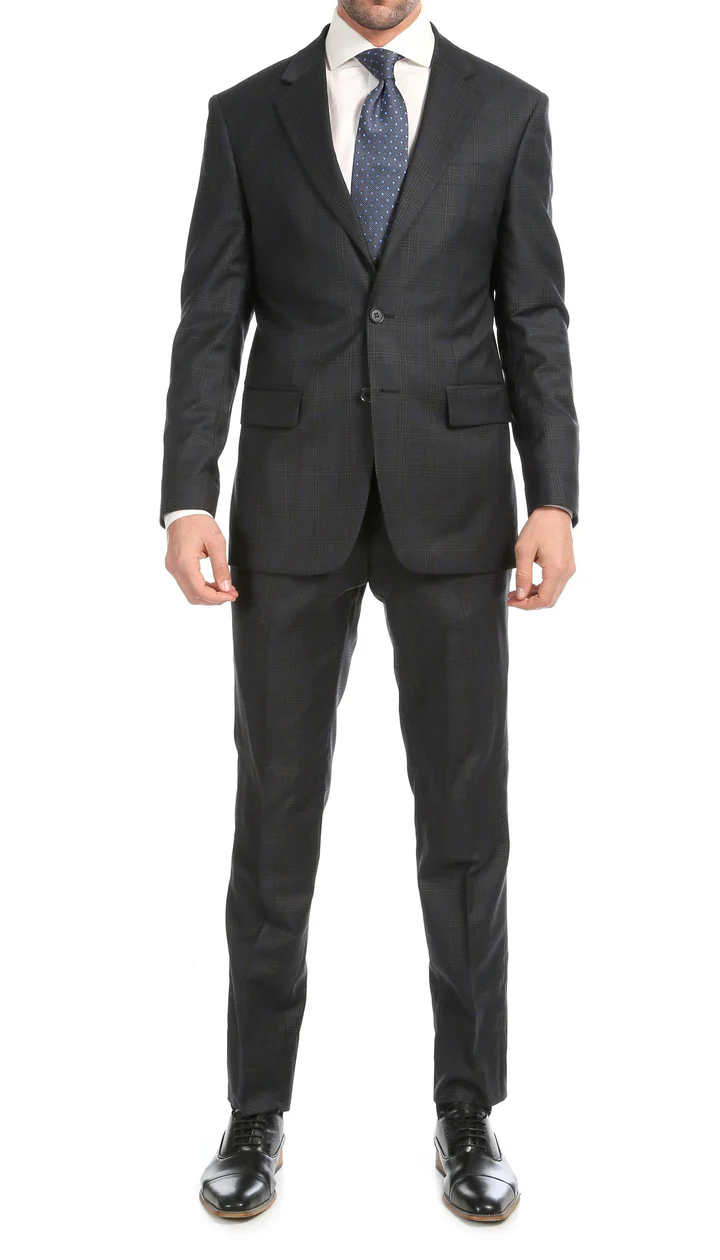 Yves Grey Plaid Check Men'S Premium 2PC Premium Wool Slim Fit Suit - 38 Short Jacket+32 Waist Adjustable 28to34)(Height: 5 4 to5 7 )(Neck 15-16.5)S-M)