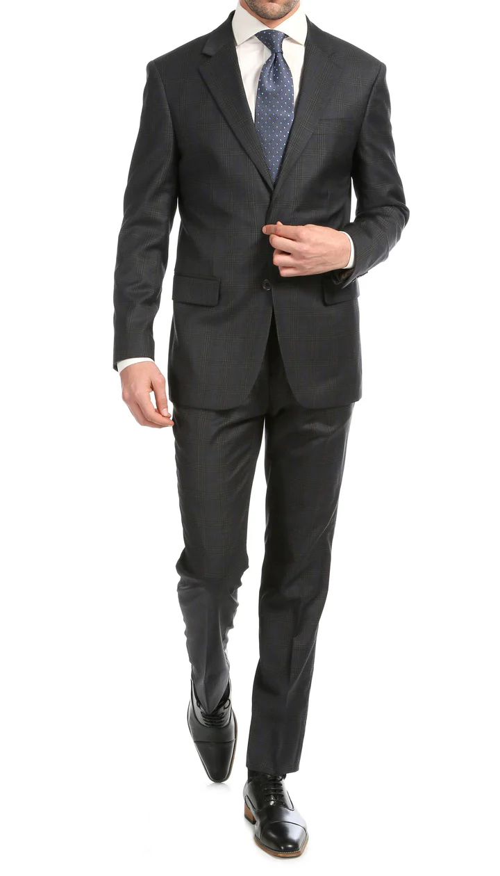 Yves Grey Plaid Check Men'S Premium 2PC Premium Wool Slim Fit Suit - 38 Short Jacket+32 Waist Adjustable 28to34)(Height: 5 4 to5 7 )(Neck 15-16.5)S-M)