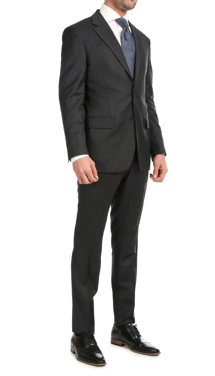 Yves Grey Plaid Check Men'S Premium 2PC Premium Wool Slim Fit Suit - 38 Short Jacket+32 Waist Adjustable 28to34)(Height: 5 4 to5 7 )(Neck 15-16.5)S-M)