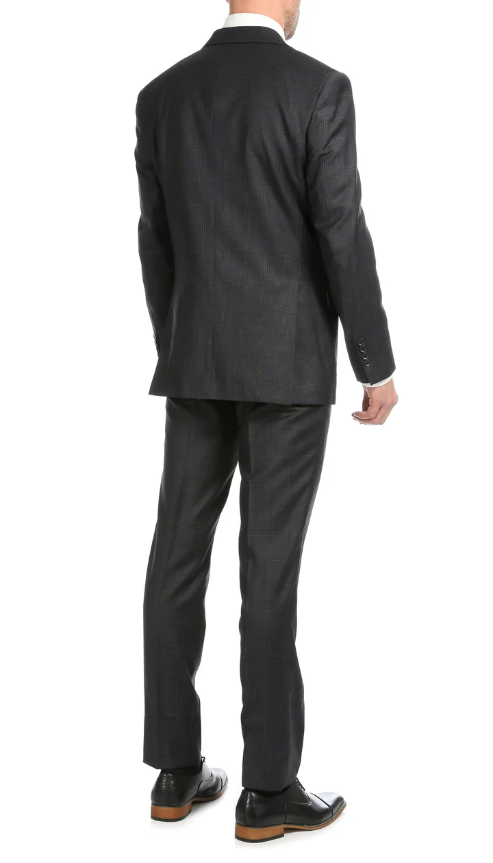Yves Grey Plaid Check Men'S Premium 2PC Premium Wool Slim Fit Suit - 38 Short Jacket+32 Waist Adjustable 28to34)(Height: 5 4 to5 7 )(Neck 15-16.5)S-M)