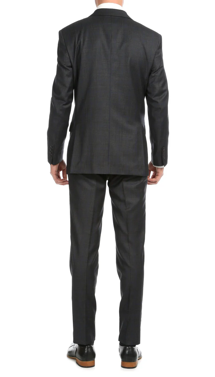 Yves Grey Plaid Check Men'S Premium 2PC Premium Wool Slim Fit Suit - 38 Short Jacket+32 Waist Adjustable 28to34)(Height: 5 4 to5 7 )(Neck 15-16.5)S-M)