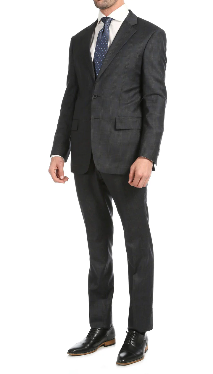 Yves Grey Plaid Check Men'S Premium 2PC Premium Wool Slim Fit Suit - 38 Short Jacket+32 Waist Adjustable 28to34)(Height: 5 4 to5 7 )(Neck 15-16.5)S-M)