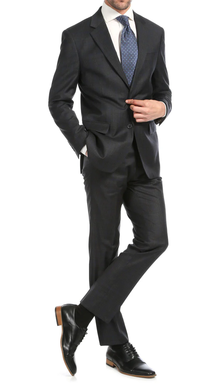 Yves Grey Plaid Check Men'S Premium 2PC Premium Wool Slim Fit Suit - 38 Short Jacket+32 Waist Adjustable 28to34)(Height: 5 4 to5 7 )(Neck 15-16.5)S-M)
