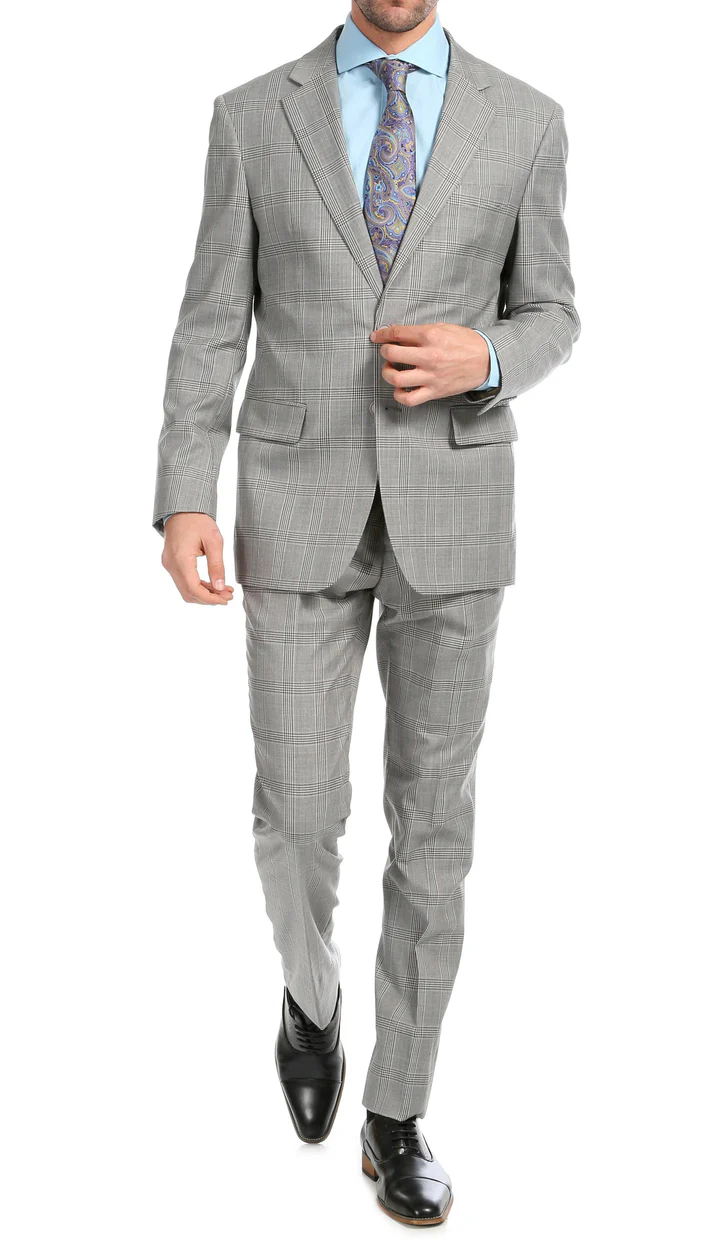 Yves Light  Grey  Plaid Check Men'S Premium 2PC Premium Wool Slim Fit Suit - 38 Short Jacket+32 Waist Adjustable 28to34)(Height: 5 4 to5 7 )(Neck  15-16.5)S-M)