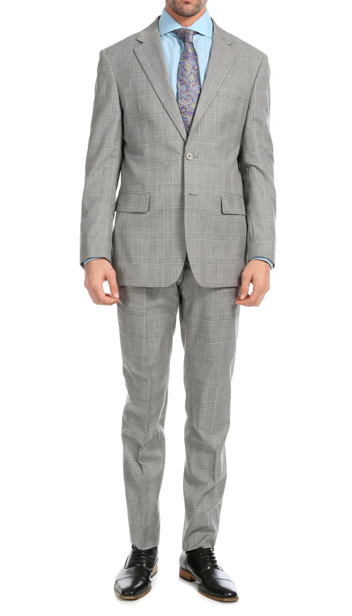 Yves Light  Grey  Plaid Check Men'S Premium 2PC Premium Wool Slim Fit Suit - 38 Short Jacket+32 Waist Adjustable 28to34)(Height: 5 4 to5 7 )(Neck  15-16.5)S-M)