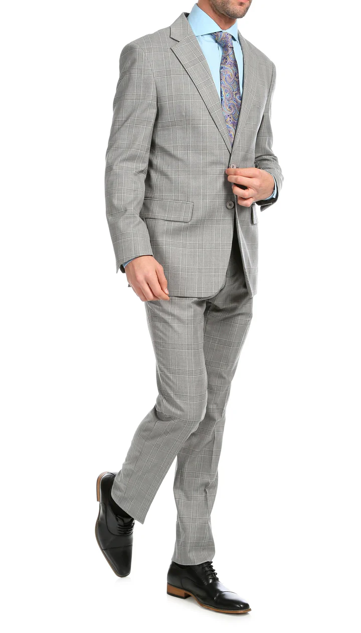Yves Light  Grey  Plaid Check Men'S Premium 2PC Premium Wool Slim Fit Suit - 38 Short Jacket+32 Waist Adjustable 28to34)(Height: 5 4 to5 7 )(Neck  15-16.5)S-M)
