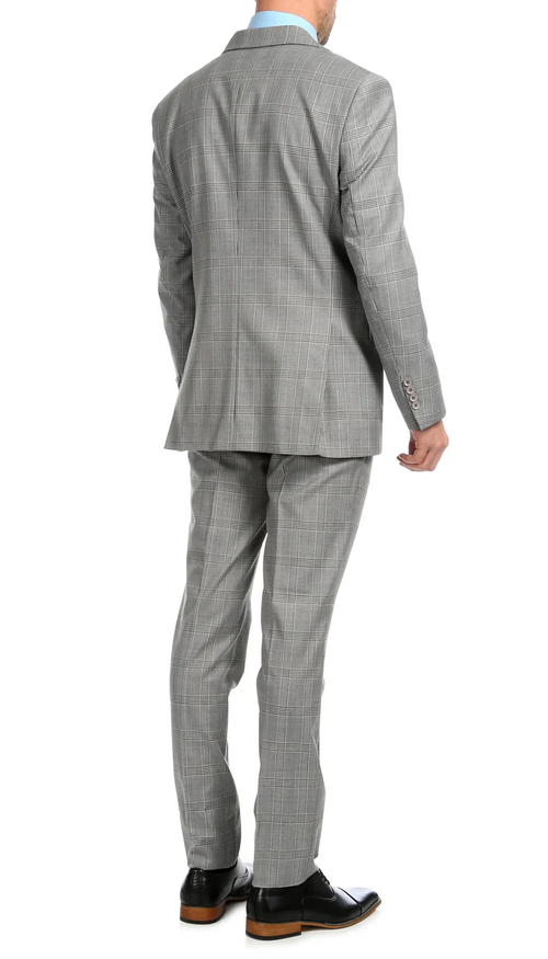 Yves Light Grey Plaid Check Men'S Premium 2PC Premium Wool Slim Fit Suit