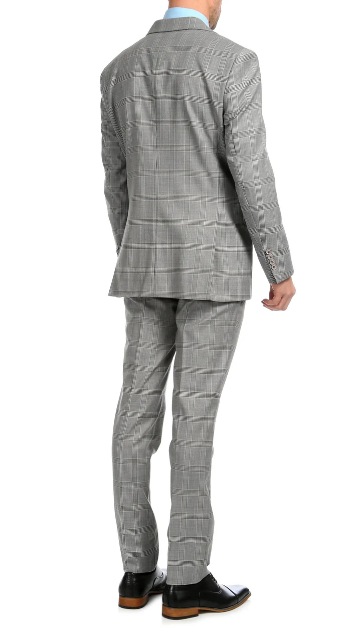 Yves Light  Grey  Plaid Check Men'S Premium 2PC Premium Wool Slim Fit Suit - 38 Short Jacket+32 Waist Adjustable 28to34)(Height: 5 4 to5 7 )(Neck  15-16.5)S-M)