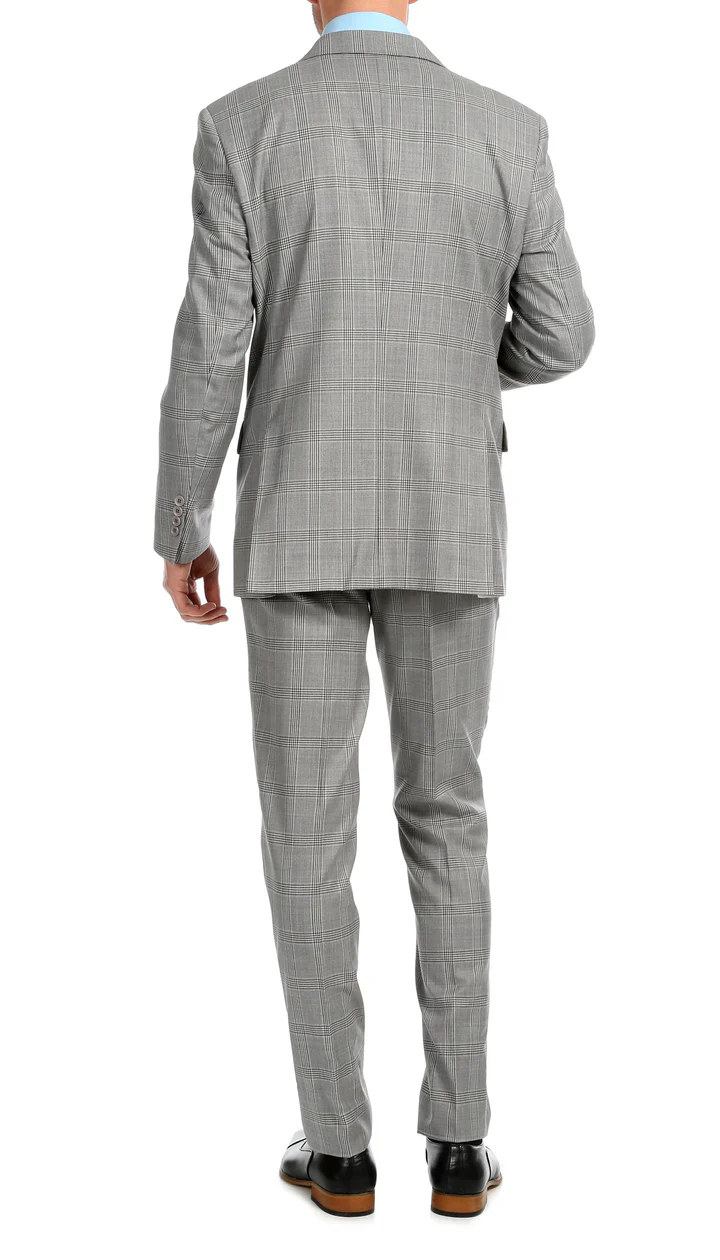 Yves Light  Grey  Plaid Check Men'S Premium 2PC Premium Wool Slim Fit Suit - 38 Short Jacket+32 Waist Adjustable 28to34)(Height: 5 4 to5 7 )(Neck  15-16.5)S-M)