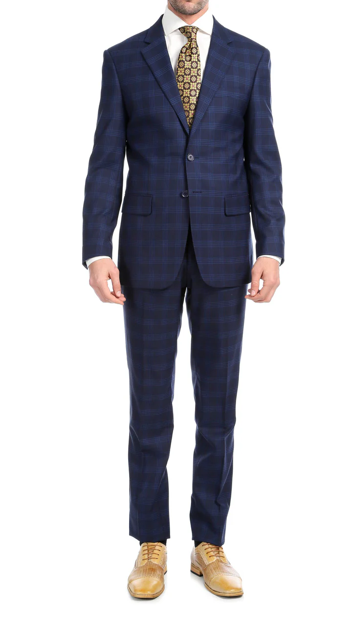 Yves Navy Blue Plaid Check Men'S Premium 2PC Premium Wool Slim Fit Suit - 38 Short Jacket+32 Waist Adjustable 28to34)(Height: 5 4 to5 7 )(Neck  15-16.5)S-M)