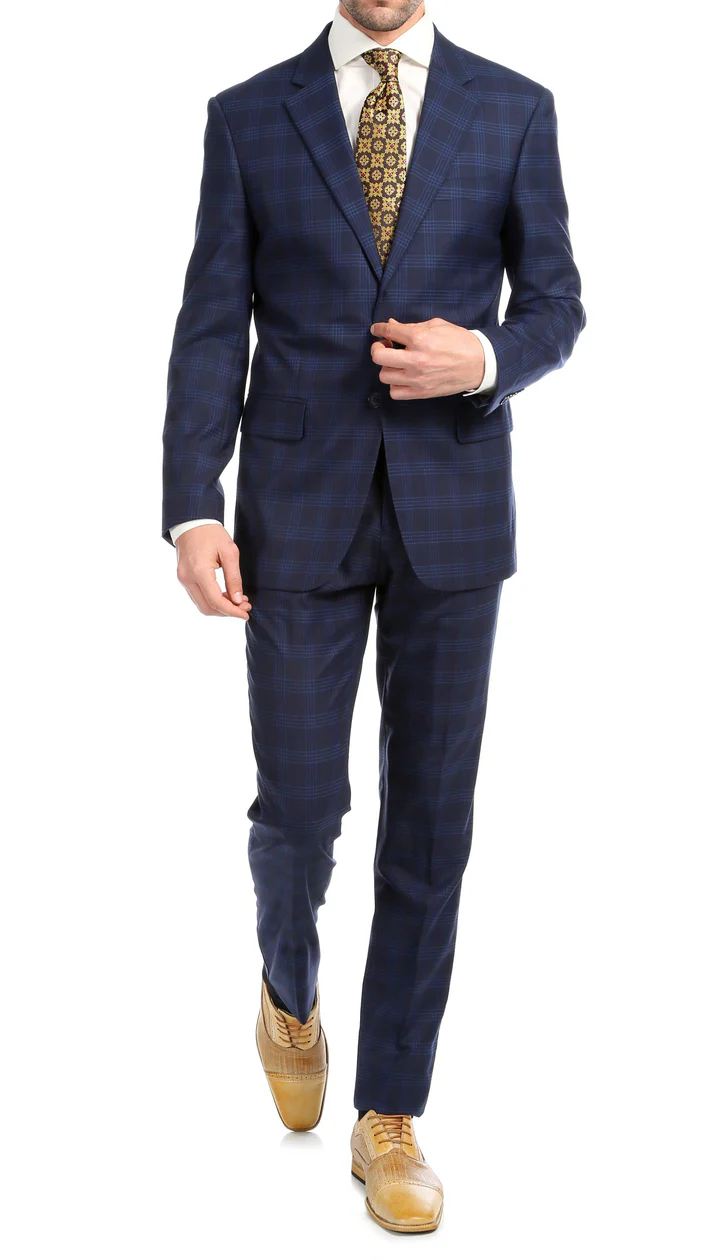 Yves Navy Blue Plaid Check Men'S Premium 2PC Premium Wool Slim Fit Suit - 38 Short Jacket+32 Waist Adjustable 28to34)(Height: 5 4 to5 7 )(Neck  15-16.5)S-M)