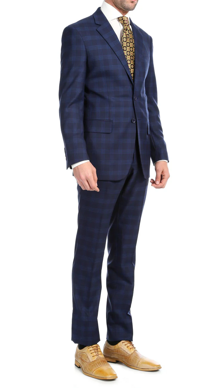 Yves Navy Blue Plaid Check Men'S Premium 2PC Premium Wool Slim Fit Suit - 38 Short Jacket+32 Waist Adjustable 28to34)(Height: 5 4 to5 7 )(Neck  15-16.5)S-M)