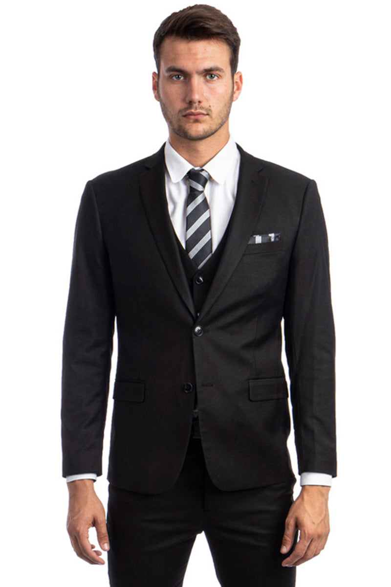 "Black Men's Slim Fit Two Button Vested Suit - Solid Basic Color"