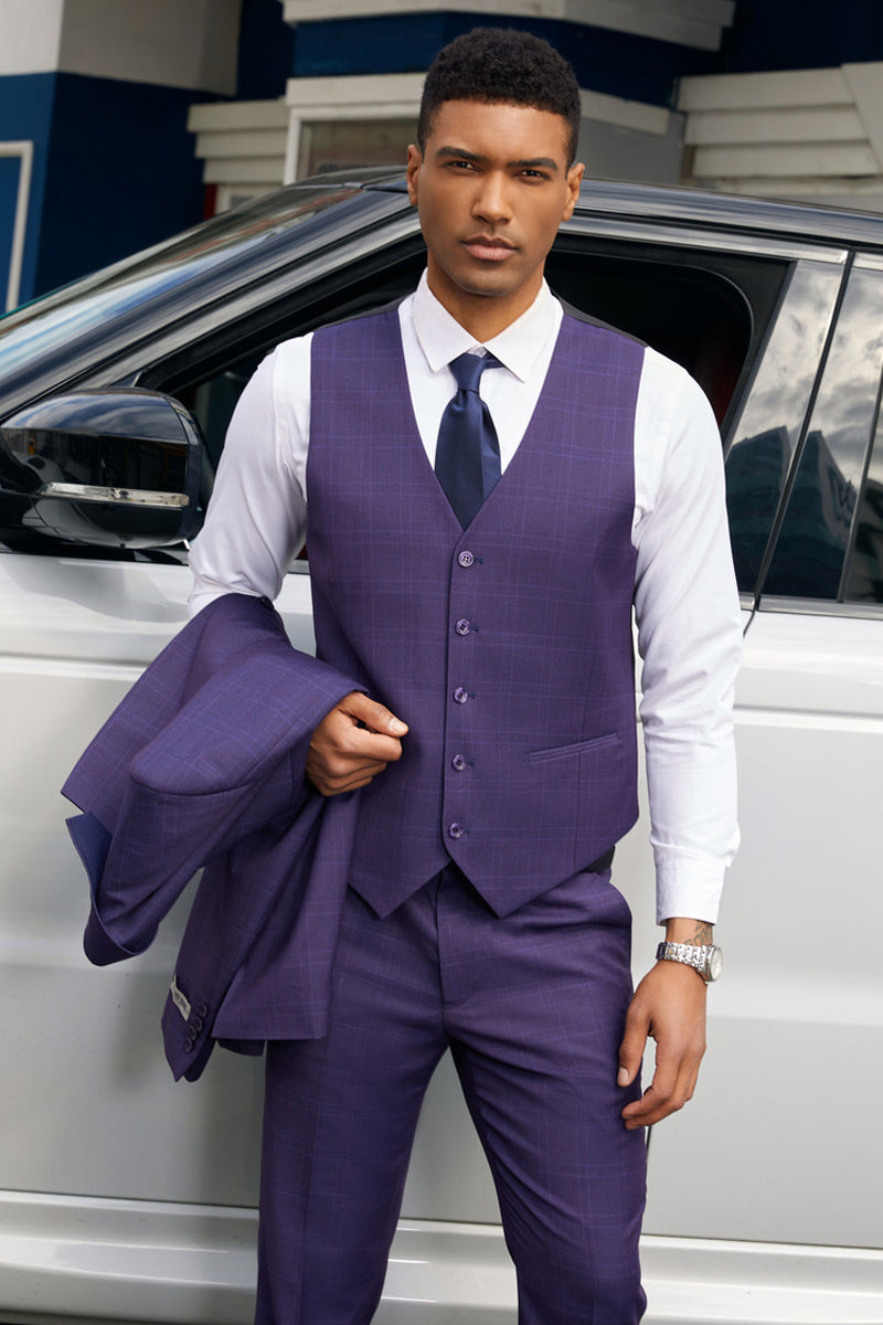 "Mens Stacy Adams Suit - Stacy Adams Suit Men's Dark Purple Plaid Two Button Vested Business Suit" - 34 Short